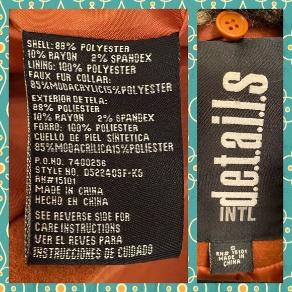 Burnt brown Mod Coat w/ Faux Fur Collar Details Intl Retro Fall Jacket S NWOT - Picture 7 of 11